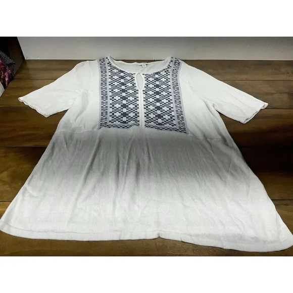 J Jill Sweater Tunic Top Sz XL Blue White Embroidered Linen Blend Lagenlook - Picture 1 of 9